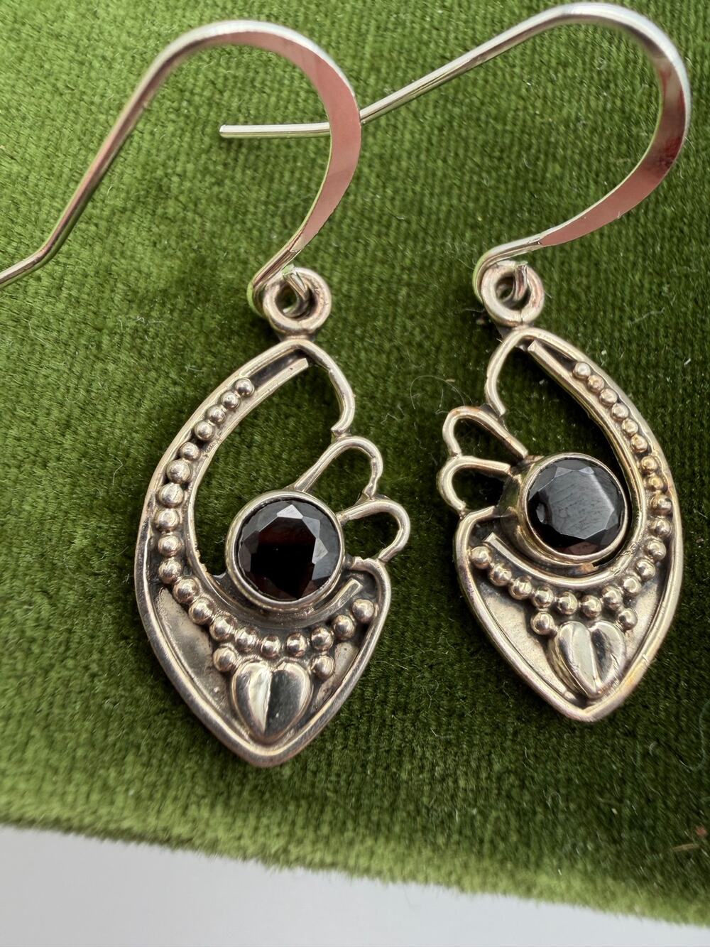 Sterling silver teardrop heart shaped black stone earrings